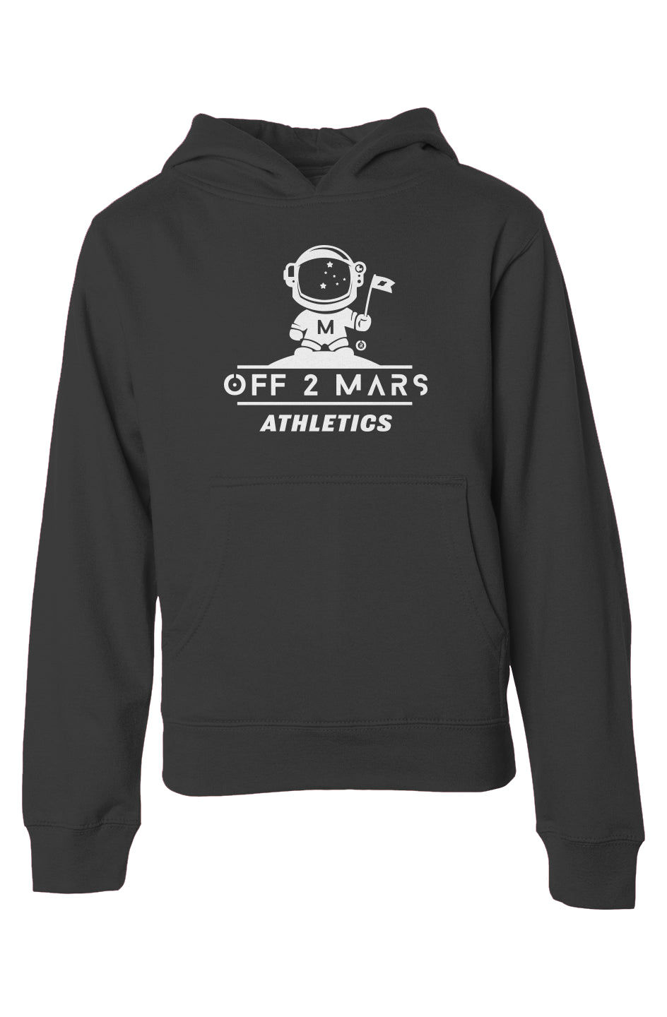 Black hoodie with 'Off 2 Mars Athletics' design on a white background