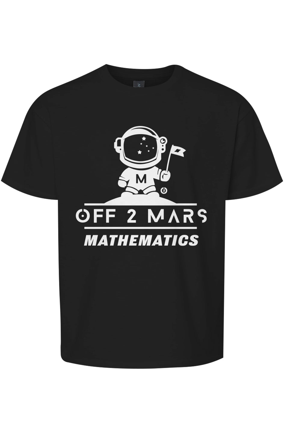 Black t-shirt with an astronaut graphic and text 'Off 2 Mars Mathematics' on a white background