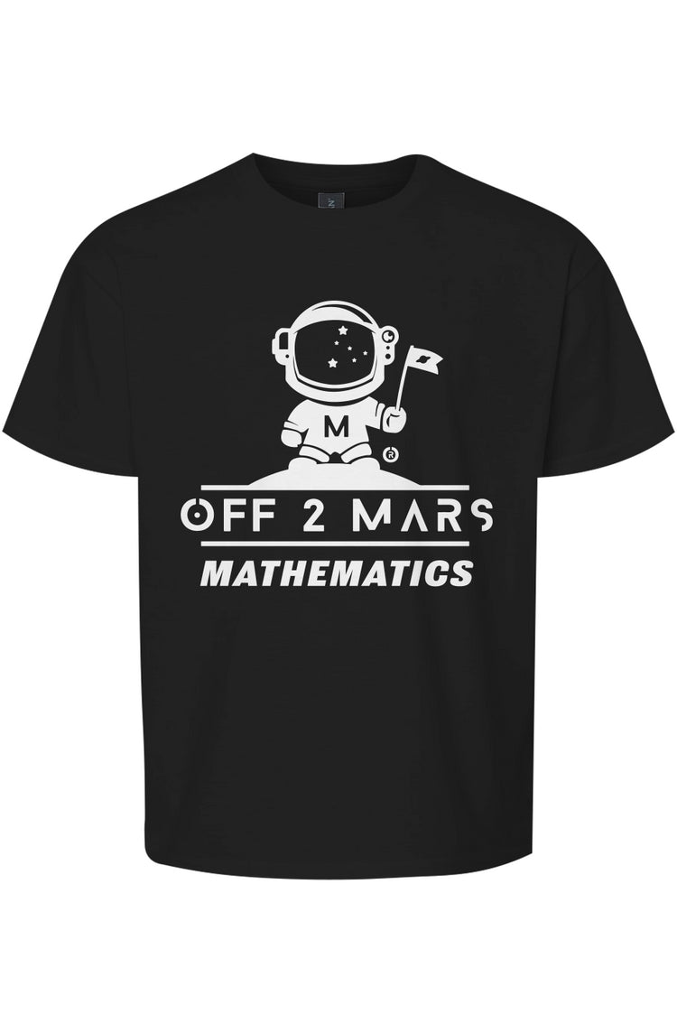 Black t-shirt with an astronaut graphic and text 'Off 2 Mars Mathematics' on a white background