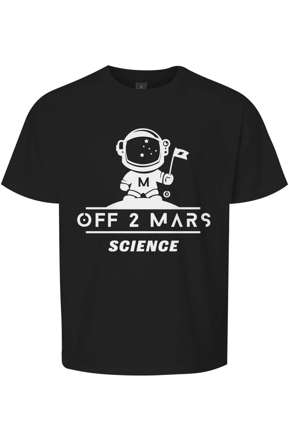 Black t-shirt with white graphic and text 'Off 2 Mars Science' on a white background
