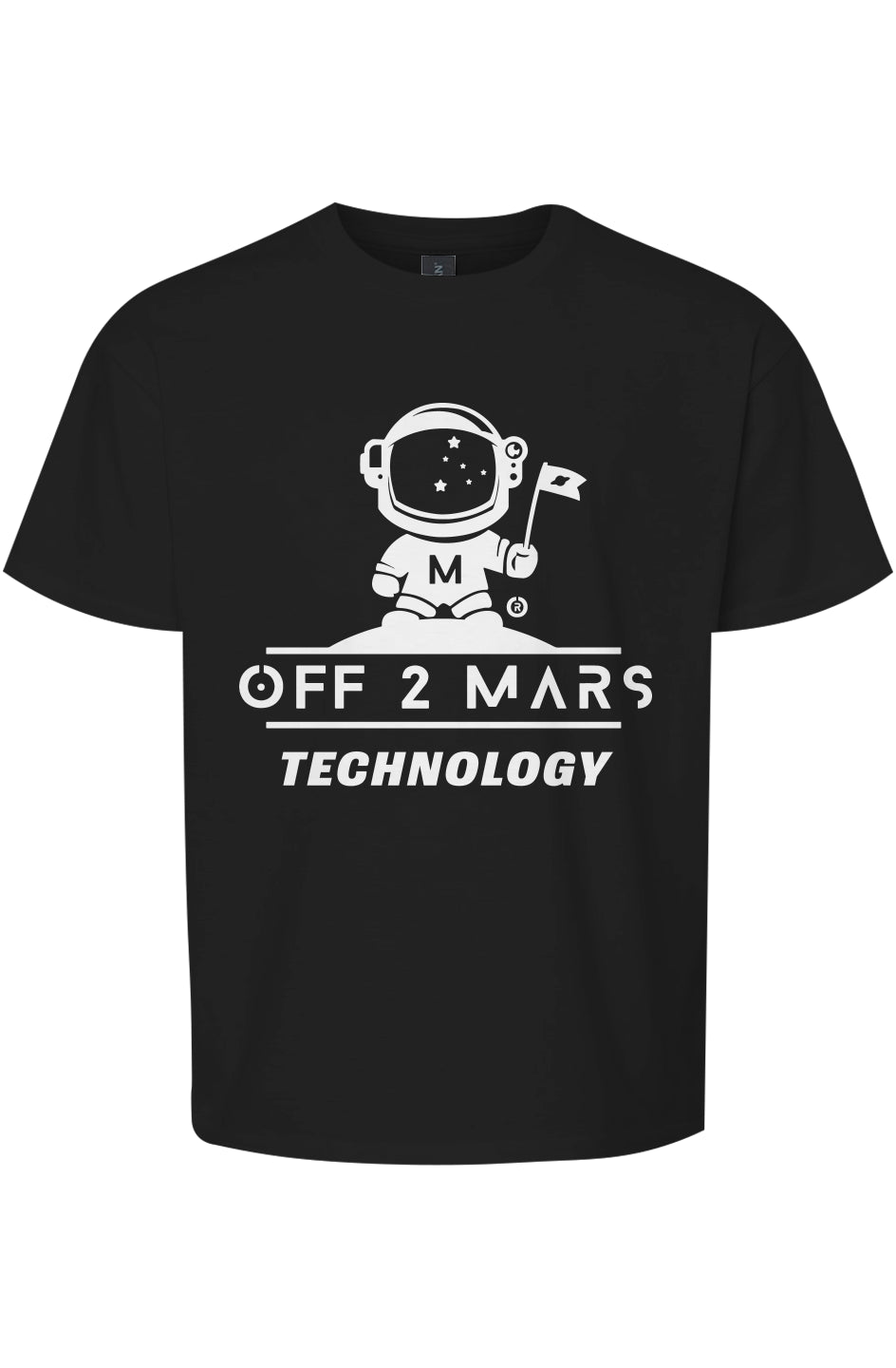 Black t-shirt with white astronaut graphic and text on a white background