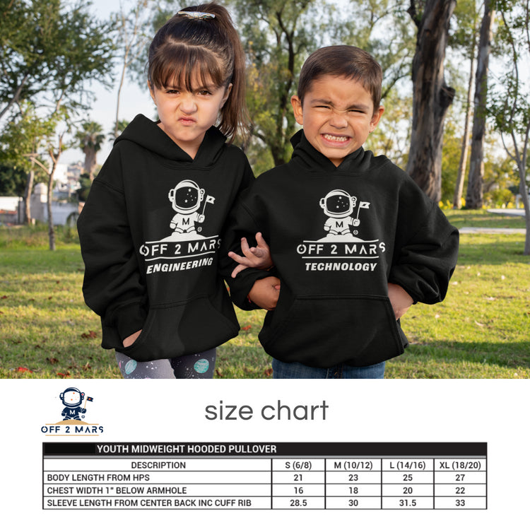 Two children wearing black hoodies with 'Off 2 Mars' designs outdoors.