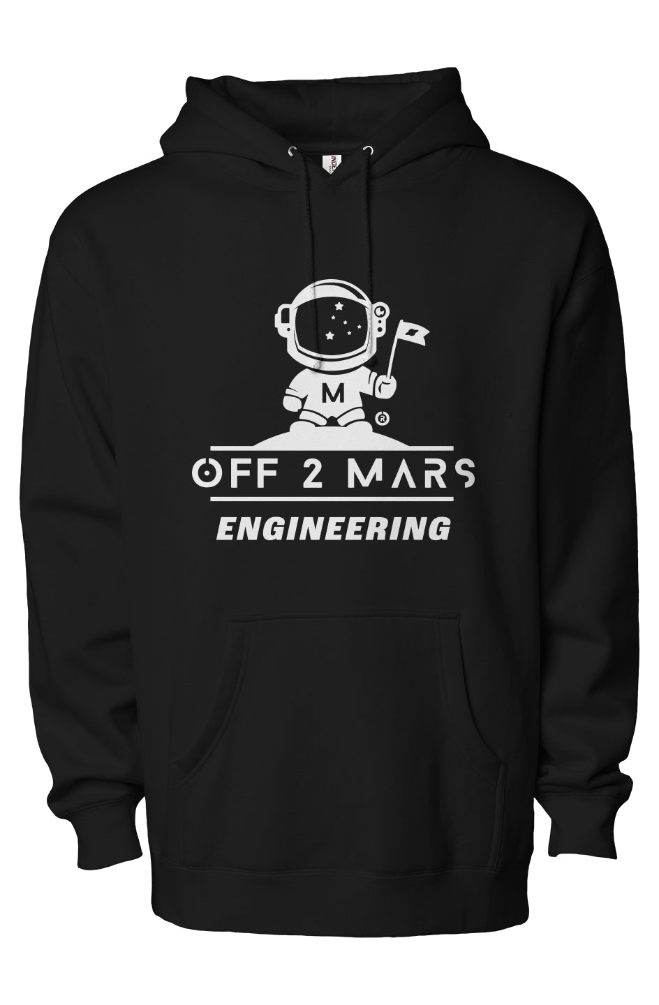 Black hoodie with an astronaut graphic and 'Off 2 Mars Engineering' text on a white background