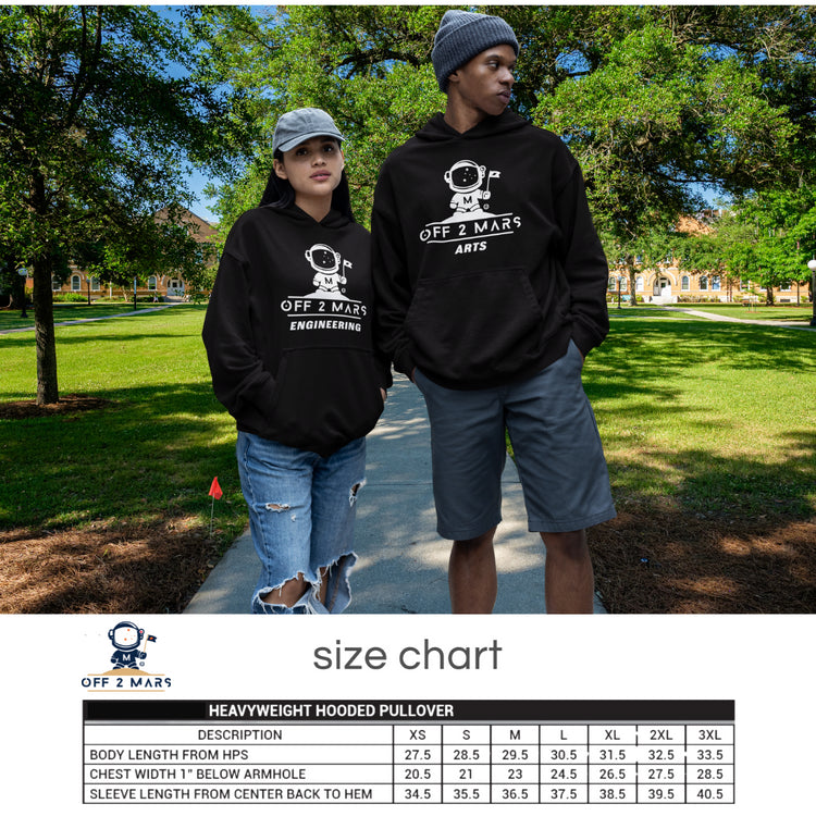 Two people wearing black hoodies with 'OFF 2 MARS' branding outdoors.