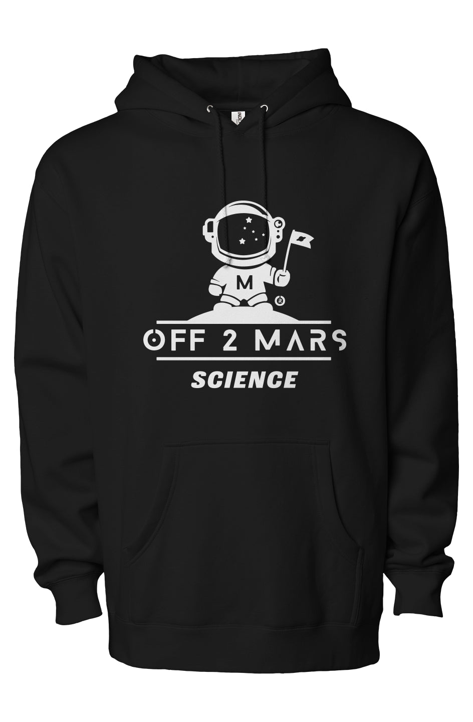 Black hoodie with an astronaut graphic and text on a white background