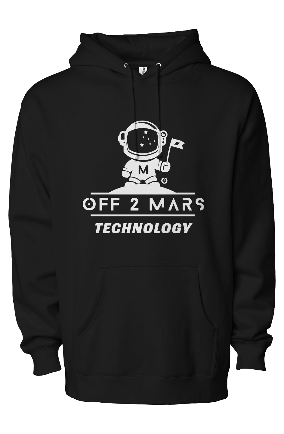 Black hoodie with white graphic and text 'Off 2 Mars Technology' on a white background