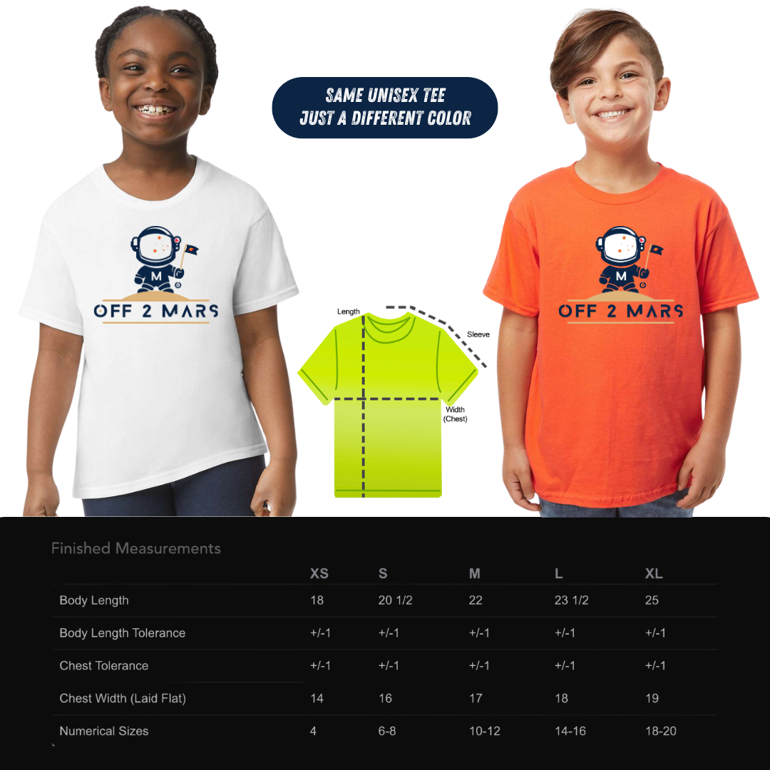 Two children wearing 'OFF 2 MARS' t-shirts with a color swatch and size chart.