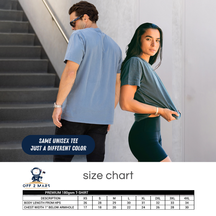 Two people wearing gray t-shirts with a size chart at the bottom.